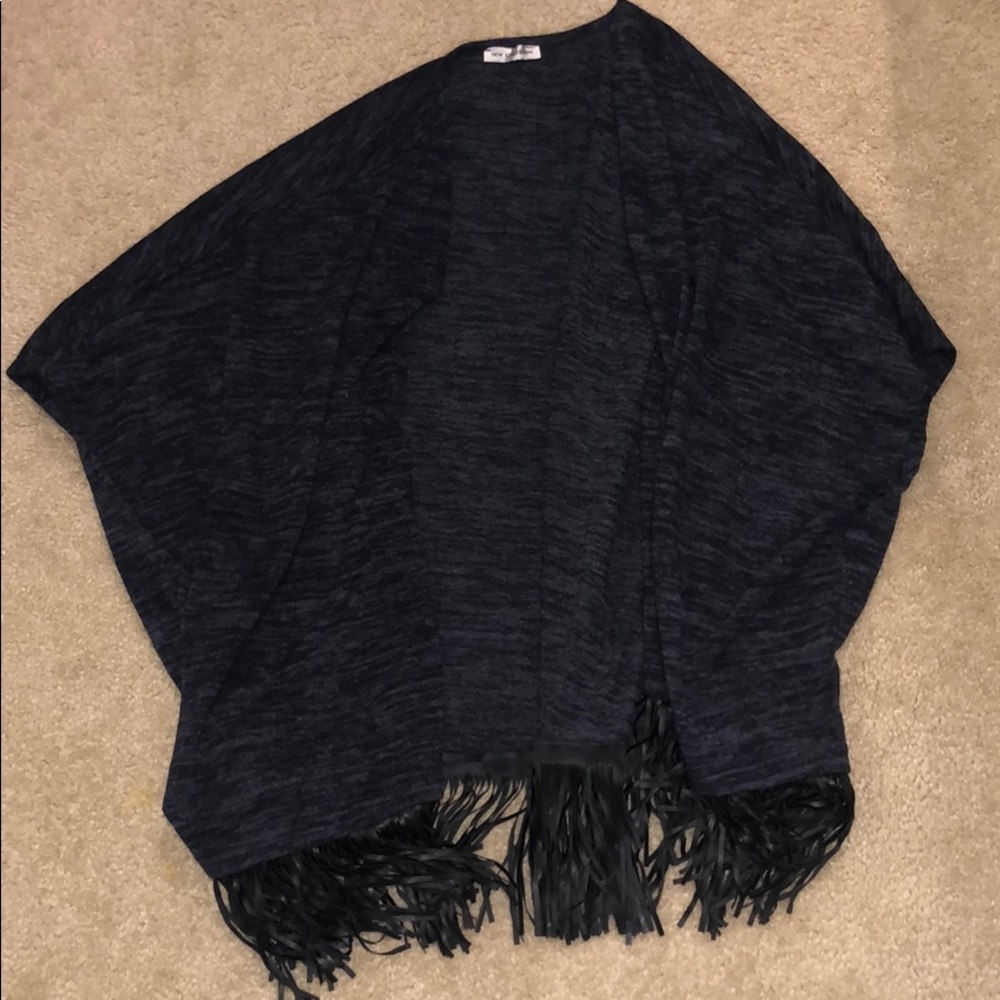 navy blue open cardigan with black leather fringe